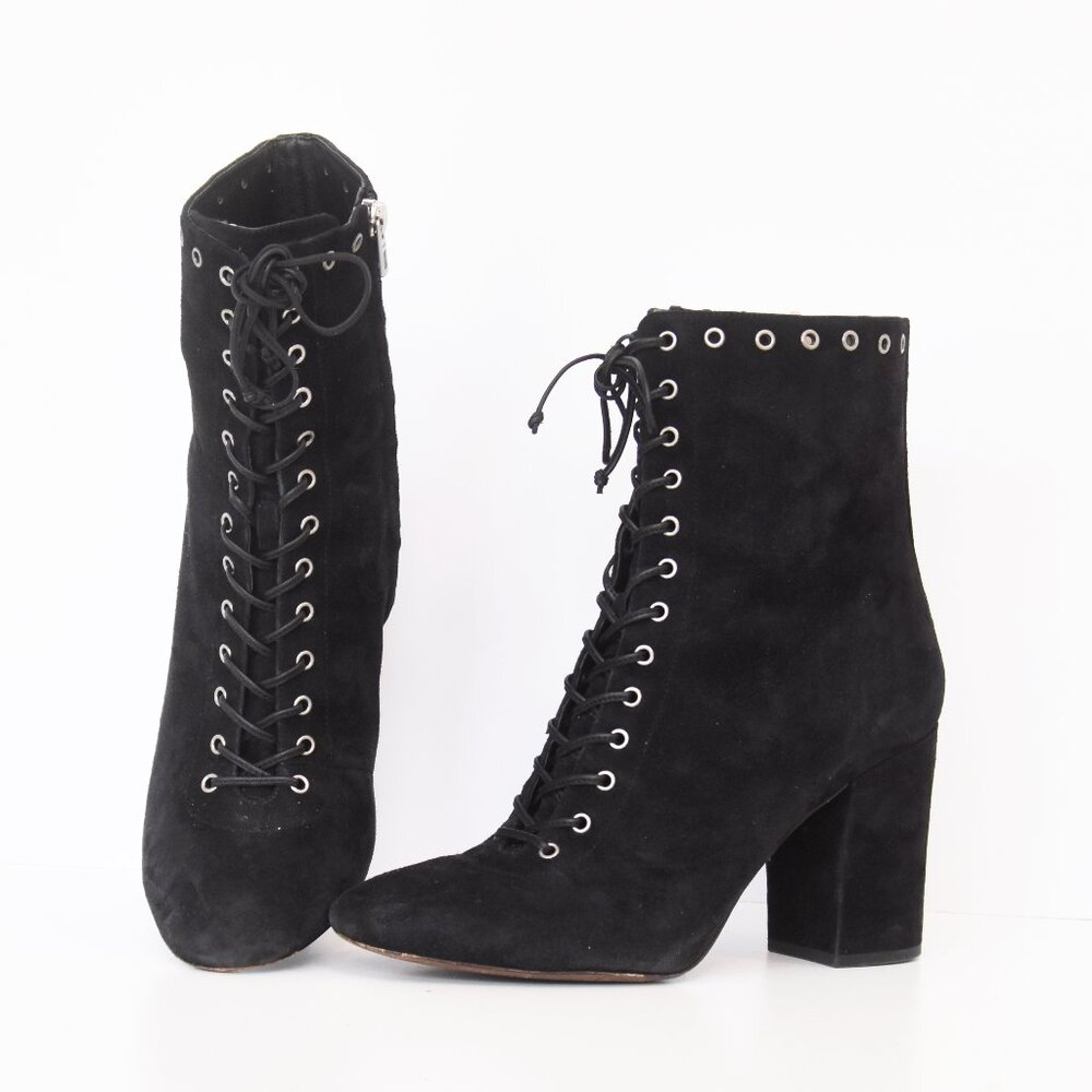 Coach Black Suede Leather Booties Dean Lace-up Block Heel Gromet Detail 10B
